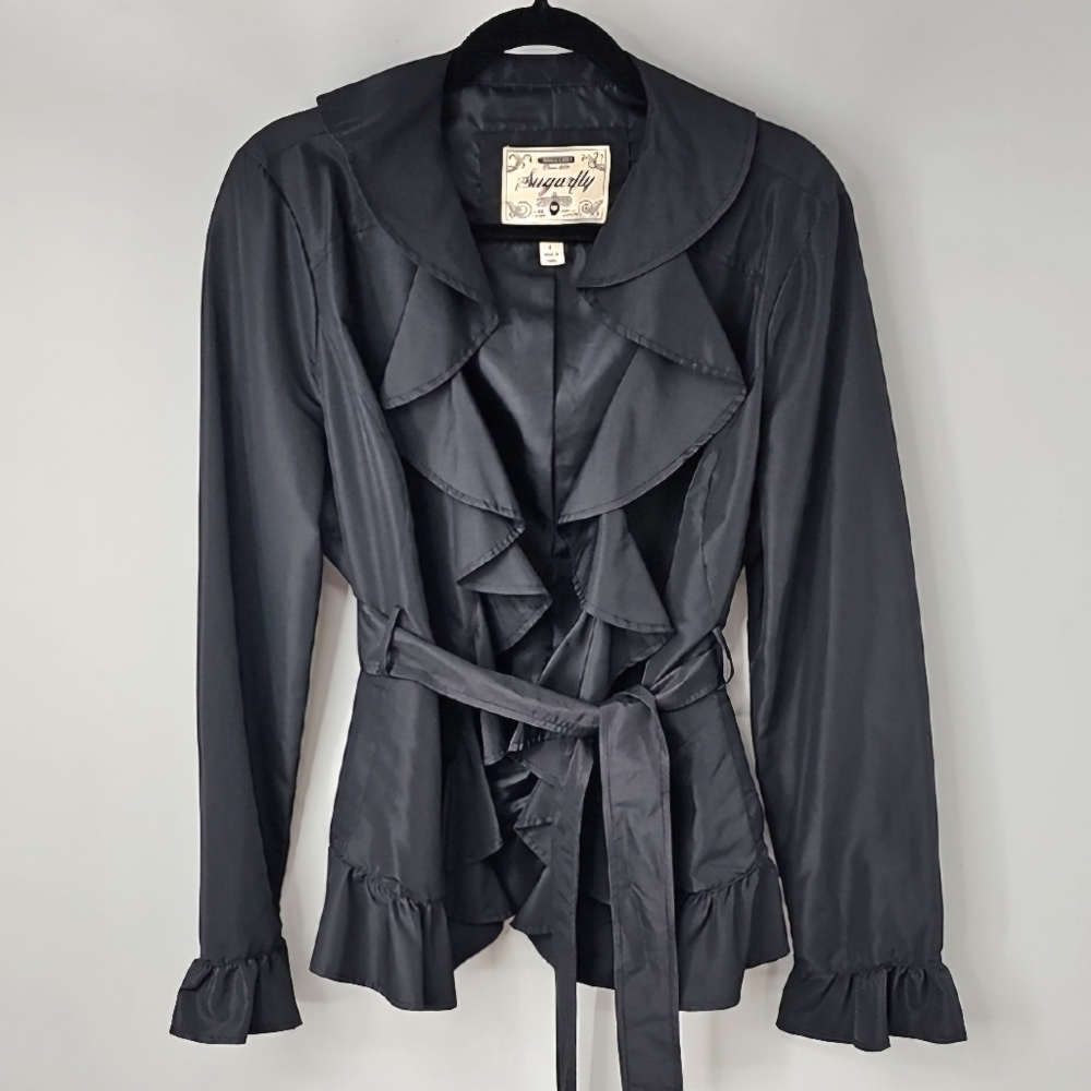 Sugarfly Vintage Y2K Ruffled Peacoat Lightweight Jacket wPockets Whimsigoth Glam
